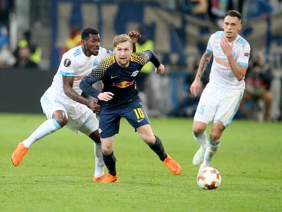 Andre Zambo Anguissa Olympique Marseille 29 Emil Forsberg RB Leipzig 10 Olympique Marseille vs RB Leipzig UEFA Europa League quarter-final match football 12 04 2018 Marseille Copyright: xLanger Eibner-Pressefotox EP_HLR