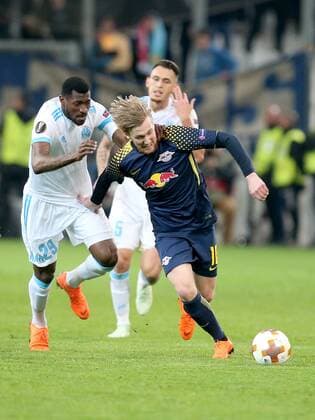 Andre Zambo Anguissa Olympique Marseille 29 Emil Forsberg RB Leipzig 10 Olympique Marseille vs RB Leipzig UEFA Europa League quarter-final match football 12 04 2018 Marseille Copyright: xLanger Eibner-Pressefotox EP_HLR