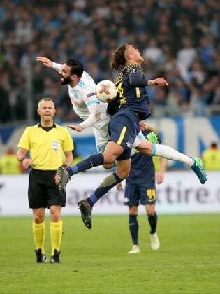 Adil Rami Olympique Marseille 23 Yussuf Poulsen RB Leipzig 9 Olympique Marseille vs. RB Leipzig UEFA Europa League quarter-final match Football 12 04 2018 Marseille Copyright: xLanger Eibner-Pressefotox EP_HLR