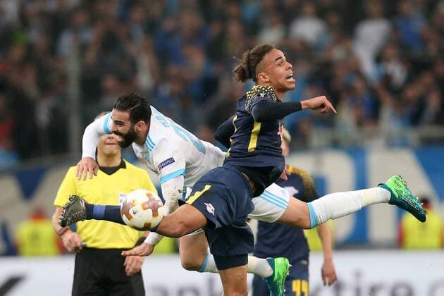 Adil Rami Olympique Marseille 23 Yussuf Poulsen RB Leipzig 9 Olympique Marseille vs. RB Leipzig UEFA Europa League quarter-final match Football 12 04 2018 Marseille Copyright: xLanger Eibner-Pressefotox EP_HLR