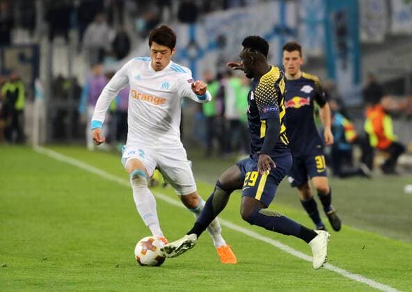 Marseille RB Leipzig Soccer Euro League Marseille 12 04 2018 Stade Velodrome Soccer UEFA Euro League Quarter Finals 2nd leg Olympique Marseille vs RB Leipzig 5 2 3 1 Pictured left Hiroki Sakai 2 Marseille and Jean Kevin Augustin 29 RB Leipzig