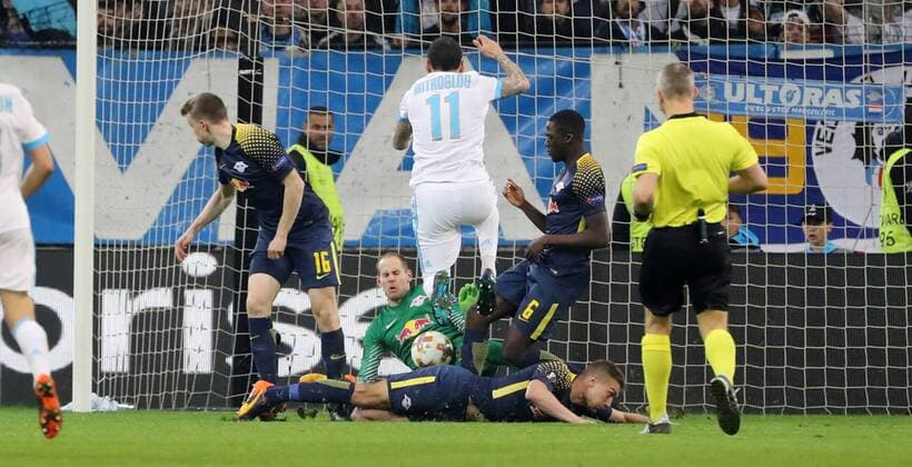 Marseille RB Leipzig Soccer Euro League Marseille 12 04 2018 Stade Velodrome Soccer UEFA Euro League quarter-finals 2nd leg Olympique Marseille vs RB Leipzig 5 2 3 1 Pictured goalkeeper Peter Gulacsi 32 RB Leipzig parried a shot by Konstantinos Mitroglou 11 Marseille