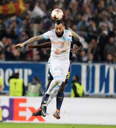 Marseille RB Leipzig Soccer Euro League Marseille 12 04 2018 Stade Velodrome Soccer UEFA Euro League Quarter-finals 2nd leg Olympique Marseille vs RB Leipzig 5 2 3 1 Front-row image Konstantinos Mitroglou 11 Marseille and Dayot Upamecano 5 RB Leipzig