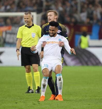 Marseille RB Leipzig Soccer Euro League Marseille 12 04 2018 Stade Velodrome Soccer UEFA Euro League quarter-final second leg Olympique Marseille vs. RB Leipzig 5 2 3 1 Front image Jordan Amavi 18 Marseille and Emil Forsberg 10 RB Leipzig