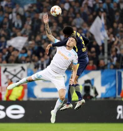 Marseille RB Leipzig Soccer Euro League Marseille 12 04 2018 Stade Velodrome Soccer UEFA Euro League quarter-final second leg Olympique Marseille vs RB Leipzig 5 2 3 1 In the picture ahead Lucas Ocampos 5 Marseille and Bernardo Fernandes da Silva 3 RB Leipzig