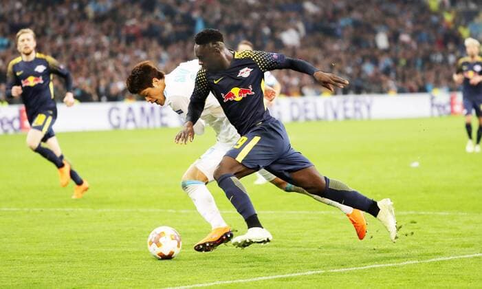 Marseille RB Leipzig Soccer Euro League Marseille 12 04 2018 Stade Velodrome Soccer UEFA Euro League Quarter-finals 2nd leg Olympique Marseille vs RB Leipzig 5 2 3 1 Front-row Jean Kevin Augustin 29 RB Leipzig and Hiroki Sakai 2 Marseille