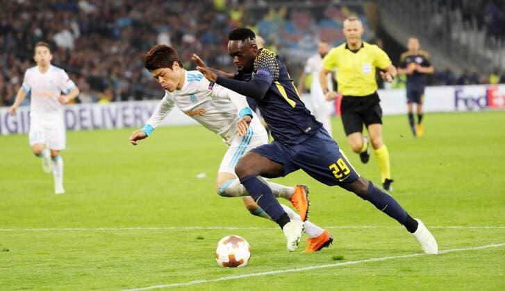 Marseille RB Leipzig Soccer Euro League Marseille 12 04 2018 Stade Velodrome Soccer UEFA Euro League Quarter-finals 2nd leg Olympique Marseille vs RB Leipzig 5 2 3 1 Front-row Jean Kevin Augustin 29 RB Leipzig and Hiroki Sakai 2 Marseille