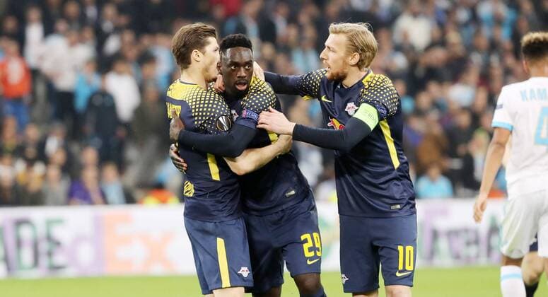 Marseille RB Leipzig Soccer Euro League Marseille 12 04 2018 Stade Velodrome Soccer UEFA Euro League Quarter Finals 2nd Leg Olympia Marseille vs RB Leipzig 5 2 3 1 Pictured goal for RB Leipzig Jean Kevin Augustin and RB Leipzig scored the 3-2 victory with Marcel Sabitzer 7 RB Leipzig and Emil Forsberg 10 RB Leipzig