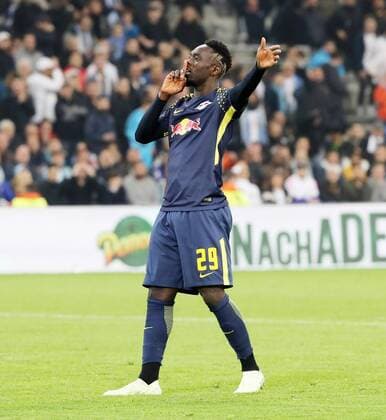 Marseille RB Leipzig Soccer Euro League Marseille 12 04 2018 Stade Velodrome Soccer UEFA Euro League Quarter-finals 2nd leg Olympique Marseille vs RB Leipzig 5 2 3 1 Pictured goal for RB Leipzig Jean Kevin Augustin 29 RB Leipzig scored the 3-2 victory