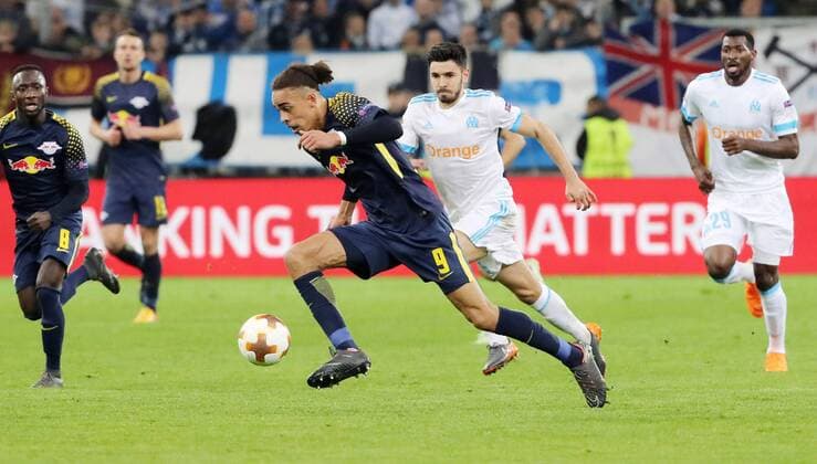 Marseille RB Leipzig Soccer Euro League Marseille 12 04 2018 Stade Velodrome Soccer UEFA Euro League Quarter-finals 2nd leg Olympique Marseille vs RB Leipzig 5 2 3 1 Yussuf Poulsen 9 RB Leipzig and Morgan Sanson 8 Marseille