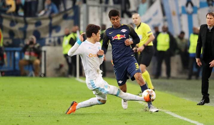Marseille RB Leipzig Soccer Euro League Marseille 12 04 2018 Stade Velodrome Soccer UEFA Euro League quarter-final second leg Olympique Marseille vs. RB Leipzig Pictured left Hiroki Sakai 2 Marseille and Bernardo Fernandes da Silva 3 RB Leipzig