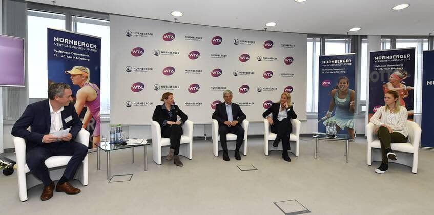 13 04 2018 Tennis WTA Tournament NÜRNBERGER Insurance Cup 2018 Press Conference Presentation Player Field Impression Round Table from left Achim Fessler Press Office NÜRNBERGER Insurance Cup Barbara Rittner Tournament Ambassador Dr Armin Zitzmann Chairman NÜRNBERGER Insurance Barbara Rittner Tournament Ambassador Katharina Hobgarski