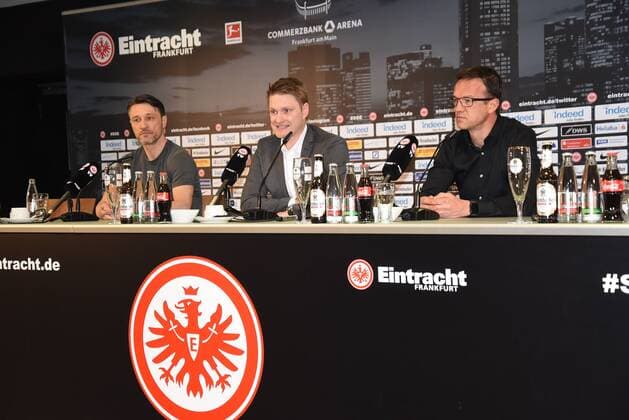 13 04 2018 Frankfurt am Main Commerzbank Arena 1 Bundesliga Season 2017 2018 Eintracht Frankfurt SBU Press Conference Coach Niko Kovac Eintracht Frankfurt Press Officer Jan Martin Strasheim Sport Board Member Fredi Bobic Eintracht Frankfurt