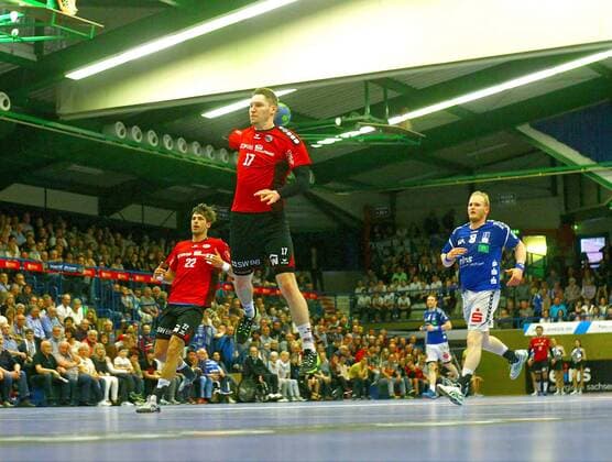 Goal shot by Gerdas Babarskas Bietigheim in the back Paco Barthe Bietigheim and Bengt Bornhorn Aue Handball 2 League 2017 18 EHV Aue SG BBM Bietigheim am 13 4 2018 EHV Aue SG BBM Bietigheim