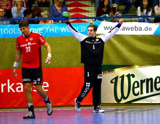 Confident with many good saves Goalkeeper Dominico Ebner Bietigheim Handball 2 League 2017 18 EHV Aue SG BBM Bietigheim am 13 4 2018 EHV Aue SG BBM Bietigheim