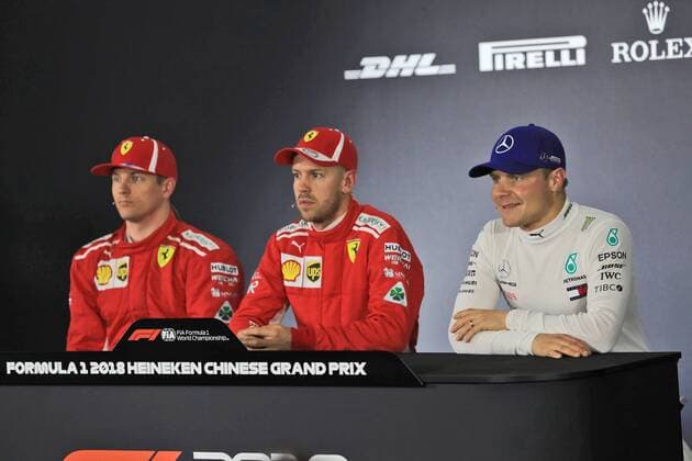 FIA Press Conference with Kimi Raikkoenen Scuderia Ferrari Sebastian Vettel Scuderia Ferrari and Valtteri Bottas Mercedes AMG Petronas Formula One Team China Grand Prix 2018 Race Motorsport Formula 1 14 04 2018 Shanghai Copyright: xIllman Eibner-Pressefotox EP_EER
