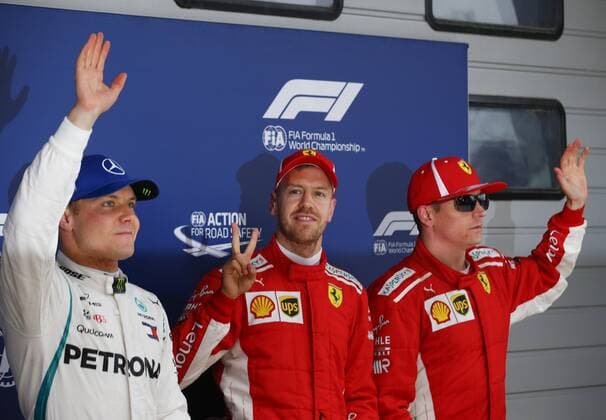 Shanghai: Motorsports: Formula 1 2018 Heineken Chinese Grand Prix Chinese Formula One Grand Prix Shanghai Circuit April 08, 2018 in Shanghai, China. , 5 Sebastian Vettel (GER, Scuderia Ferrari) 7 Kimi Raikkonen (FIN, Scuderia Ferrari), 77 Valtteri Bottas (FIN, Mercedes AMG Petronas), Shanghai China