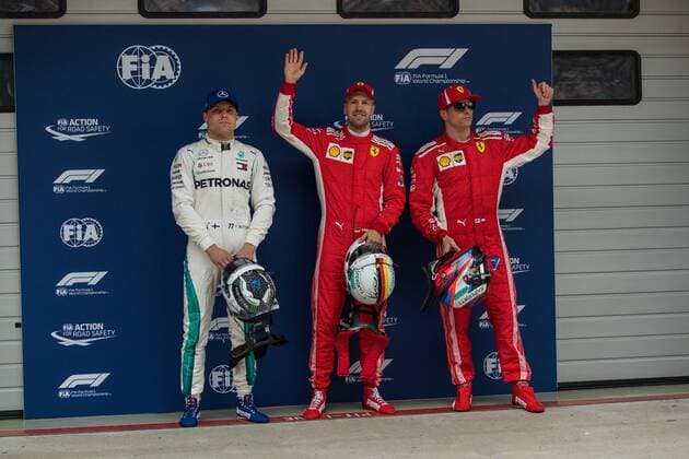 the first three from left Valtteri Bottas Mercedes AMG Petronas Formula One team Sebastian Vettel Scuderia Ferrari and Kimi Raikkoenen Scuderia Ferrari Grand Prix of China 2018 race Motorsport Formula 1 14 04 2018 Shanghai Copyright: xIllman Eibner-Pressefotox EP_ANS