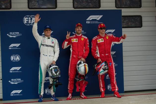 the first three from left Valtteri Bottas Mercedes AMG Petronas Formula One team Sebastian Vettel Scuderia Ferrari and Kimi Raikkoenen Scuderia Ferrari Grand Prix of China 2018 race Motorsport Formula 1 14 04 2018 Shanghai Copyright: xIllman Eibner-Pressefotox EP_ANS