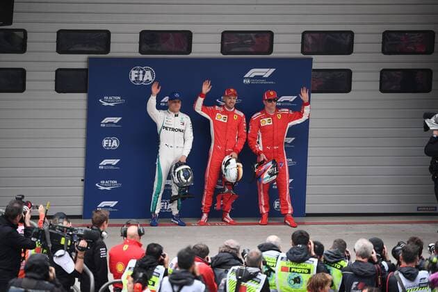(From left) Finnish F1 driver Valtteri Bottas of Mercedes AMG GP, German F1 driver Sebastian Vettel of Ferrari and Finnish F1 driver Kimi Raikkonen of Ferrari react as they took pole position in the qualifying session for the 2018 Formula One Chinese Grand Prix at the Shanghai International Circuit in Shanghai, China, 14 April 2018. It s still early, but it looks like Ferrari is back. Ferrari s Sebastian Vettel claimed pole position for Sunday s Chinese Grand Prix, where the German will be going for his third straight victory to open the Formula One season. Vettel and Ferrari teammate Kimi Raikkonen will start on the first row in Shanghai. Mercedes, which has dominated the last four seasons, will start on the second row with Valtteri Bottas ahead of No. 4 Lewis Hamilton - the defending and four-time series champion. The famous Italian team has not won a season title in 11 years with Kimi Raikkonen champion in 2007. But Bottas is already hinting that rival Ferrari is the team to beat. Vettel takes pole in China, and Ferrari looks like it s back 