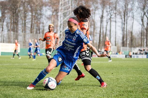 180414 Vittsjös Genessee Daughetee and Kristianstads Evelina Duljan during the football match in Damallsvenskan between Vittsjö and Kristianstad April 14, 2018 Kristianstad  Copyright: AvdoxBilkanovic BB180414AB067