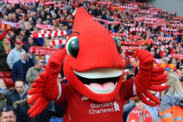14th April 2018, Anfield, Liverpool, England; EPL Premier League football, Liverpool versus AFC Bournemouth; the Liverpool mascot fires up the fans as the match kicks off  ActionPlus12014013