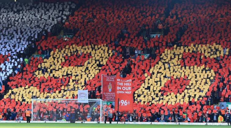 14th April 2018, Anfield, Liverpool, England; EPL Premier League football, Liverpool versus AFC Bournemouth; the Kop display banners and from a 96 mosaic as the Liverpool fans sing You ll Never Walk Alone before the kick off  ActionPlus12014250