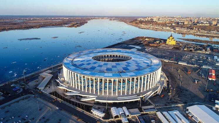 NIZHNY NOVGOROD, RUSSIA - APRIL 14, 2018: A view of the Nizhny Novgorod Stadium, a venue for 2018 FIFA World Cup WM Weltmeisterschaft Fussball matches. Stanislav Krasilnikov TASS  TS07BECA