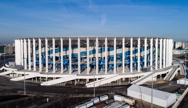 NIZHNY NOVGOROD, RUSSIA - APRIL 14, 2018: A view of the Nizhny Novgorod Stadium, a venue for 2018 FIFA World Cup WM Weltmeisterschaft Fussball matches. Stanislav Krasilnikov TASS  TS07BED0