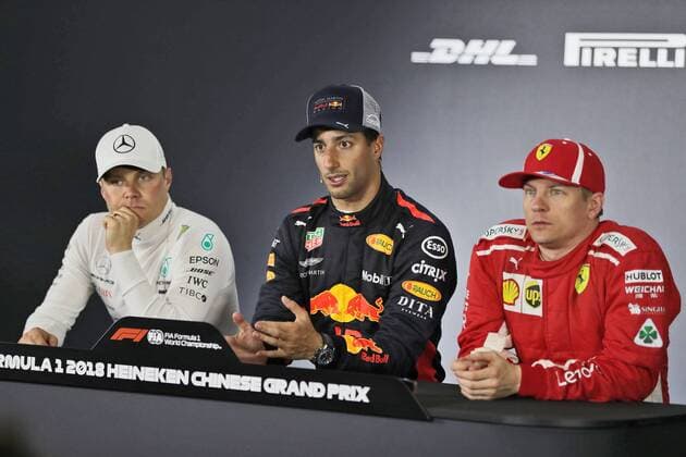 Valtteri Bottas Mercedes AMG Petronas Formula One Team Daniel Ricciardo Red Bull Racing and Kimi Raikkoenen Scuderia Ferrari Grand Prix of China 2018 Race Motorsport Formula 1 15 04 2018 Shanghai Copyright: xIllman Eibner-Pressefotox EP_ANS