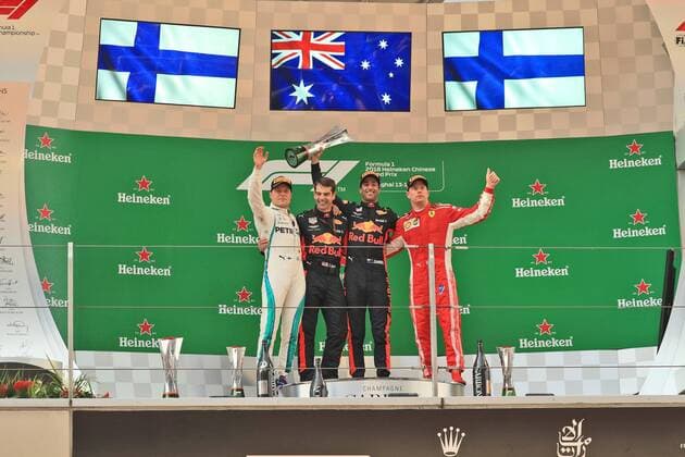 Podium with Valtteri Bottas Mercedes AMG Petronas Formula One Team Daniel Ricciardo Red Bull Racing and Kimi Raikkoenen Scuderia Ferrari Grand Prix of China 2018 Race Motorsport Formula 1 15 04 2018 Shanghai Copyright: xIllman Eibner-Pressefotox EP_ANS