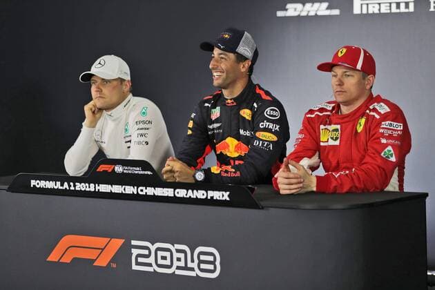 Valtteri Bottas Mercedes AMG Petronas Formula One Team Daniel Ricciardo Red Bull Racing and Kimi Raikkoenen Scuderia Ferrari Grand Prix of China 2018 Race Motorsport Formula 1 15 04 2018 Shanghai Copyright: xIllman Eibner-Pressefotox EP_ANS