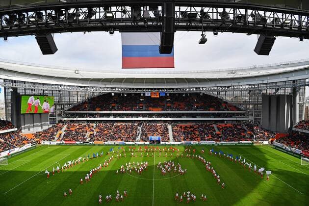 YEKATERINBURG, RUSSIA - APRIL 15, 2018: A ceremony to open Yekaterinburg Arena Stadium takes place on the pitch ahead of a 2017 2018 Russian Football Premier League Round 26 football match between Ural Yekaterinburg and Spartak Moscow, the second test match for the venue to host ahead of the 2018 FIFA World Cup WM Weltmeisterschaft Fussball Donat Sorokin TASS  TS07BEF6