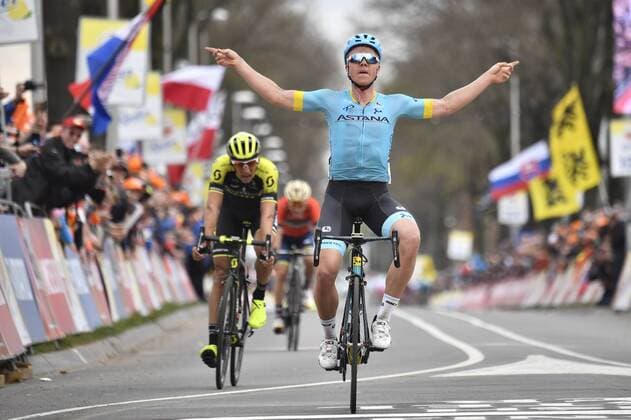 Themen der Woche - SPORT KW15 Bilder des Tages - SPORT Danish Michael Valgren Andersen of Astana Pro Team celebrates as he crosses the finish line to win the Amstel Gold Race one day cycling race, 263 km from Maastricht to Valkenburg, The Netherlands, Sunday 15 April 2018. ERICxLALMAND  x05329720x