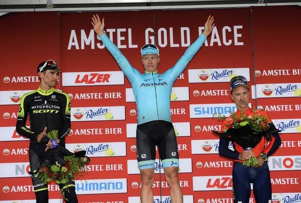 Valkenburg, The Netherland - April 15 : VALGREN ANDERSEN Michael (DEN) of Astana Pro Team, GASPAROTTO Enrico (ITA) of Bahrain - Merida, Roman KREUZIGER (CZE Team Mitchelton - Scott) during the UCI WorldTour 53rd Amstel Gold Race cycling race with start in Maastricht and finish in Valkenburg on April 15, 2018 in Valkenburg, Netherlands CYCLISME : Amstel Gold Race - 15 04 2018 PhotoNews Panoramic 