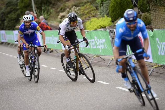 VALKENBURG, THE NETHERLANDS - APRIL 15 : ALAPHILIPPE Julian (FRA) of Quick - Step Floors and SAGAN Peter (SVK) of Bora - Hansgrohe in action during the UCI WorldTour 53rd Amstel Gold Race cycling race with start in Maastricht and finish in Valkenburg on April 15, 2018 in Valkenburg, The Netherlands CYCLISME : Amstel Gold Race - 15 04 2018 PhotoNews Panoramic 