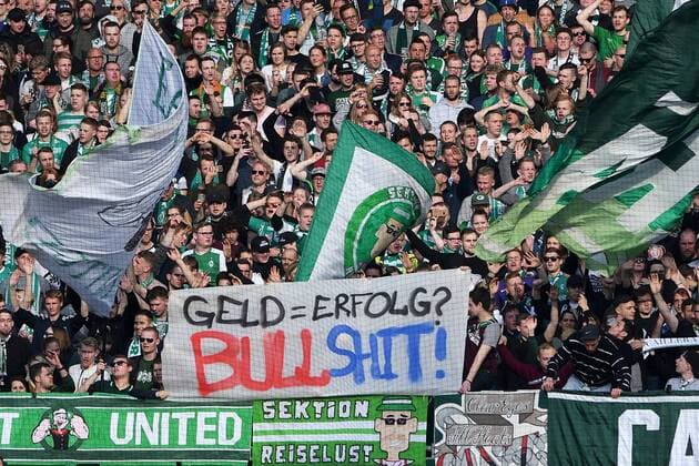 Football 1 Bundesliga 30 Matchday Werder Bremen RB Leipzig on 15 04 2018 in the Weserstadion in Bremen Banner of the Werder Bremen Fans Money Success Bullshit xPBJPGx