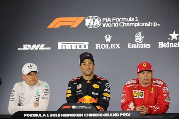 (From left) First runner-up Finnish F1 driver Valtteri Bottas of Mercedes, winner Australian F1 driver Daniel Ricciardo of Red Bull Racing and second runner-up Finnish F1 driver Kimi Raikkonen of Ferrari attend the press conference PK Pressekonferenz after the 2018 Formula One Chinese Grand Prix at the Shanghai International Circuit in Shanghai, China, 15 April 2018. Red Bull driver Daniel Ricciardo yanked off his right shoe, poured champagne into it as he stood on the podium, and then drank up to his unlikely victory in Sunday s Chinese Grand Prix. The Australian started from the third row, but took advantage when the safety car came out on the 31st lap to allow him to get fresh, soft tires when the other leaders were running on worn rubber and couldn t get in quickly to change. Red Bull s Daniel Ricciardo wins Chinese Grand Prix; 6th career win  20180415_28755