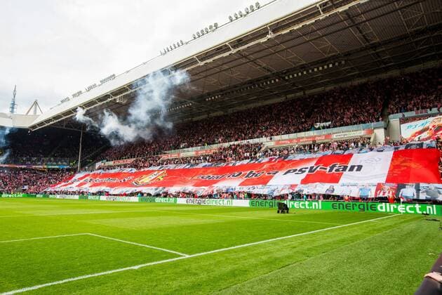 proud to be a psv fan banner, fans, supporters, flag during the Dutch Eredivisie match between PSV Eindhoven and Ajax Amsterdam at the Phillips stadium on April 15, 2018 in Eindhoven, The Netherlands Dutch Eredivisie 2017 2018 xVIxVIxImagesx xTomxBodexMultimediaxIVx 10681067