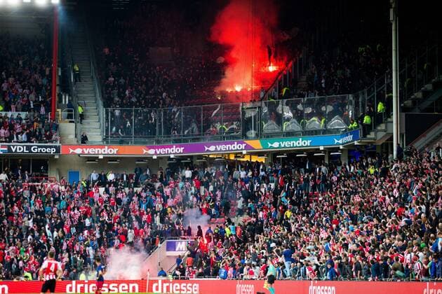 fans, supporters, flag, fireworks during the Dutch Eredivisie match between PSV Eindhoven and Ajax Amsterdam at the Phillips stadium on April 15, 2018 in Eindhoven, The Netherlands Dutch Eredivisie 2017 2018 xVIxVIxImagesx xTomxBodexMultimediaxIVx 10681083