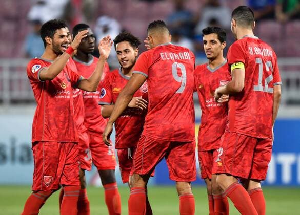 (180418) -- DOHA, April 18, 2018 -- Abdelrahman Fahmi of Al Duhail SC celebrates after scoring the first goal against UAE s Al Wahda FSCC during the AFC Champions League Group B soccer match between Qatar s AL Duhail SC and UAE s Al Wahda FSCC at Abdullah bin Khalifa Stadium in Doha, Qatar, April 17, 2018. Al Duhail won 1-0. ) (SP)QATAR-DOHA-SOCCER-AFC CHAMPIONS Nikku 