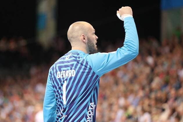 SG Flensburg Handewitt Montpellier HB EHF Champions League Flensburg 18 04 18 Flensburg 18 04 18 Sport Handball VELUX EHF Champions League Season 2017 2018 Quarterfinals SG Flensburg Handewitt Montpellier HB Cheering joy over held ball at Vincent Gerard Montpellier HB 01 xmmkx