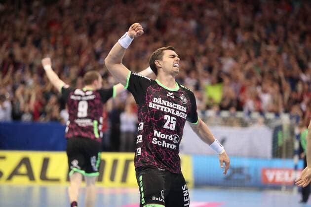 Cheers Torjubel at Rasmus Lauge Schmidt SG Flensburg Handewitt 25 Flensburg Schleswig Holstein Germany Flens Arena Copyright: xAgentur54Gradx xSpeedphotosx
