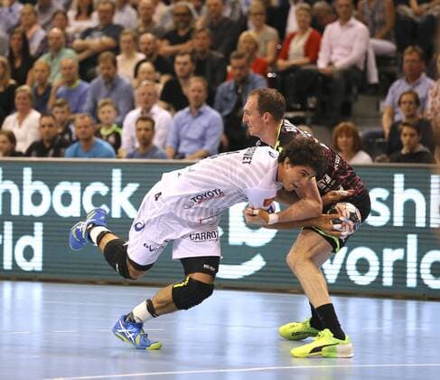 Photo on the ball Diego Simonet against Holger Glandorf Flensburg Handball men on 18 04 2018 Champions League SG Flensburg Montpellier