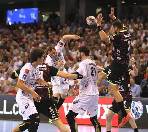 Photo Goalkeeping by Valentin Porte against Tobias Karlsson Flensburg Handball Men at 18 04 2018 Champions League SG Flensburg Montpellier