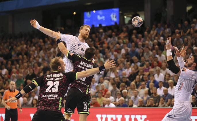 Photo Jonas Truchanovicius vs. Tobias Karlsson Flensburg Handball Men at 18 04 2018 Champions League SG Flensburg Montpellier