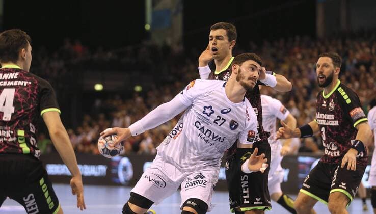 Photo on the ball Ludovic Fabregas against Rasmus Lauge Flensburg Handball men on 18 04 2018 Champions League SG Flensburg Montpellier