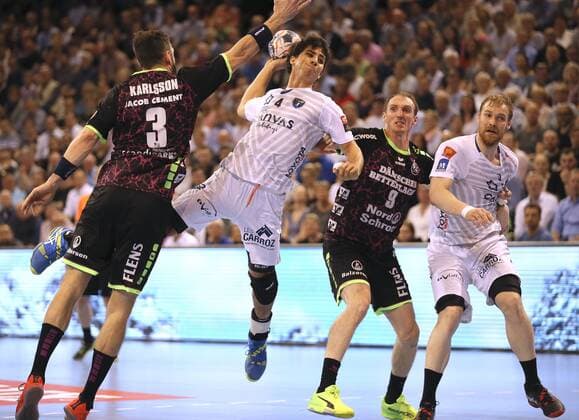 Photo on the ball Diego Simonet against Glandorf Flensburg and Karlsson Handball men on 18 04 2018 Champions League SG Flensburg Montpellier