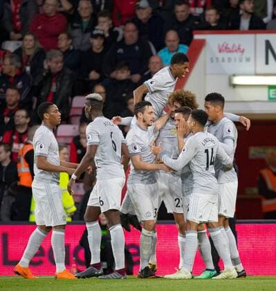 Celebrations after Chris Smalling of Man Utd scores a goal during the Premier League match between Bournemouth and Manchester United ManU at the Goldsands Stadium, Bournemouth, England on 18 April 2018. Copyright: xAndyxRowlandx PMI-1975-0006
