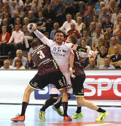 Photo Ludovic Fabregas Montpellier against Karlsson and Glandorf Handball men at 18 04 2018 Champions League SG Flensburg Montpellier